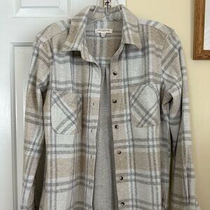 Beachlunchlounge Plaid Button Down flannel shacket - Beige and Gray